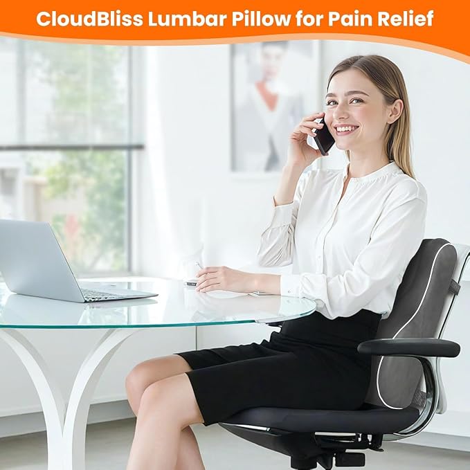 CloudBliss Lumbar Support Pillow, Memory Foam for Office, Standard, Gray | Ergonomic High-Density Memory Foam, Adjustable Straps, Washable Mesh Cover, Lower Back Support for Office, Gaming & Car Seat