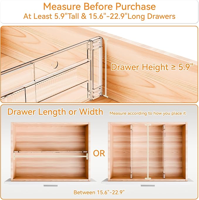 12 Pack Clear Acrylic Drawer Divider 6 Inch High,Expandable from 14-20'',Adjustable Dresser Drawer Dividers for Baby Clothing,Underwear and Sock,Separators,Deep Drawer Separators for Kitchen