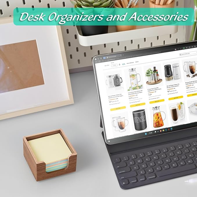Acacia Wood Sticky Note Holder, 3 x 3 Inch Post It Note Dispenser for Office Desk Accessories, Self Stick Note Pad Holder, Memo Pad Holder Dispenser Organizer for School Office Desk Supplies