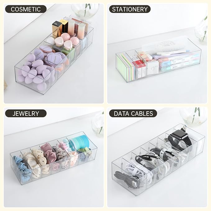 FRETONBA 2 Pack Cable Storage Organizer Box with 8 Compartments, Small | Stackable Design, Adjustable Divider, Clear for Quick Access, 14 Reusable Wire Ties, Fits Drawer & Desk