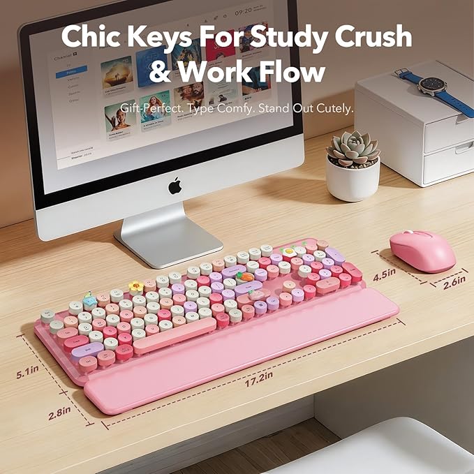 Wireless Keyboard and Mouse Combo, Cute Retro Typewriter Keyboard with Round Keycaps, Full-Size Aesthetic Keyboard with Magnetic Wrist Rest, 2.4GHz USB for Windows/Mac Desktop Laptop(Pink Multi-Color)