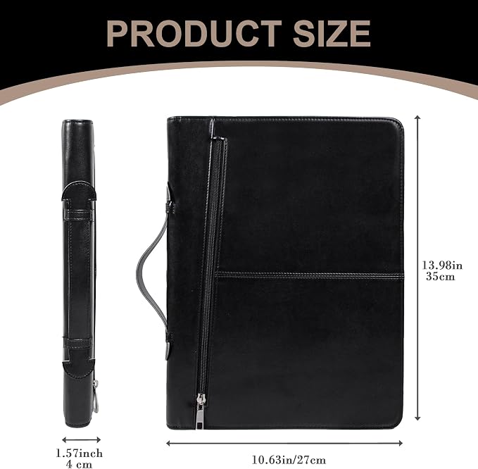 Calfinder Vegan Leather Padfolio with Zipper&Handle,Padfolios for Women&Men,Business Portfolio Organizer for Ipad,Notepad Folder with Phone Pocket and Card Holder,Portfolio Binder