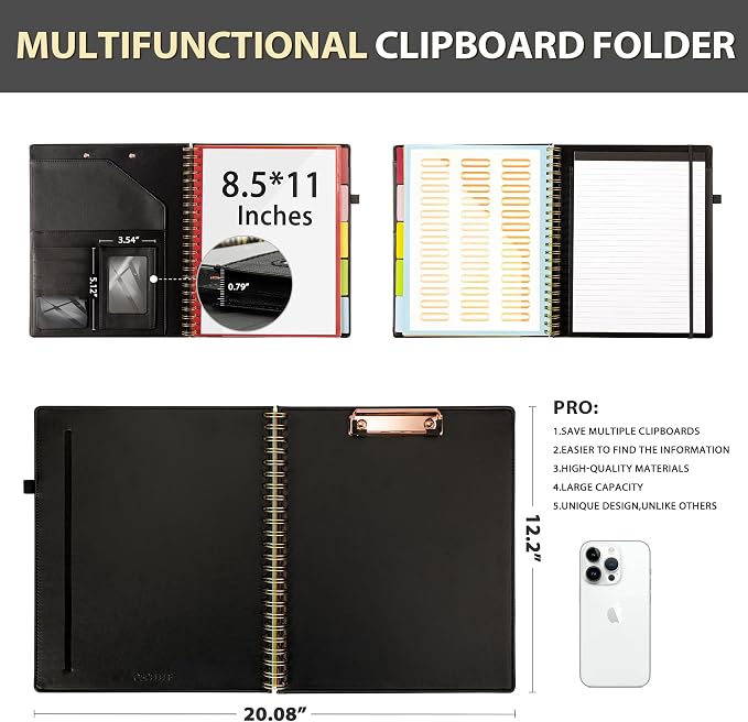 Ospelelf Clipboard with Storage for Men Women, Leather Padfolio Portfolio Organizer 5 Folders with 10 Pockets, Spiral Clipboard Folio with Notepad for Letter Size, Elastic Closure and Pen Loop Black