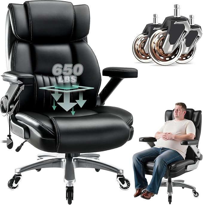 650LBS Large Heavy Duty Executive Office Chair with 5D Flip Arms and Pocket Spring Cushion, Ergonomic Big and Tall Desk Chair with Lumbar Support,High Back PU Leather Computer Chair