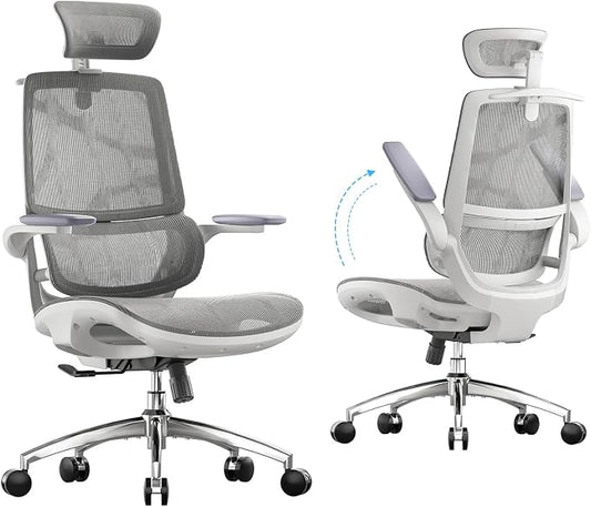 SIHOO M59AS Ergonomic Office Chair, Desk Chair with 3D Flip-up Armrests, Computer Chair with Dual Back Design and Adaptive Dynamic Lumbar Support Grey