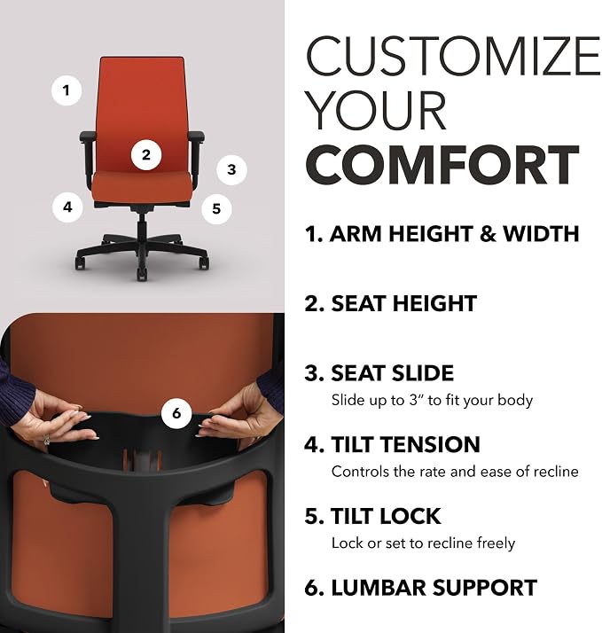 HON Ignition 2.0 Mid‑Back Ergonomic Office Chair, Mesh Task Seating with Lumbar Support, Advanced Synchro‑Tilt, Height and Width Adjustable Arms, Black Frame, Salamander