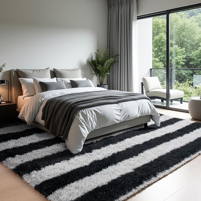 Zentavio Area Rugs for Living Room Large Rugs for Bedroom 5x8 Carpet Fluffy Fuzzy Soft Shag Aesthetic Plush High Pile Gray Throw Rug for Nursery Kids Room Dorm Horizontal Stripes Black Grey