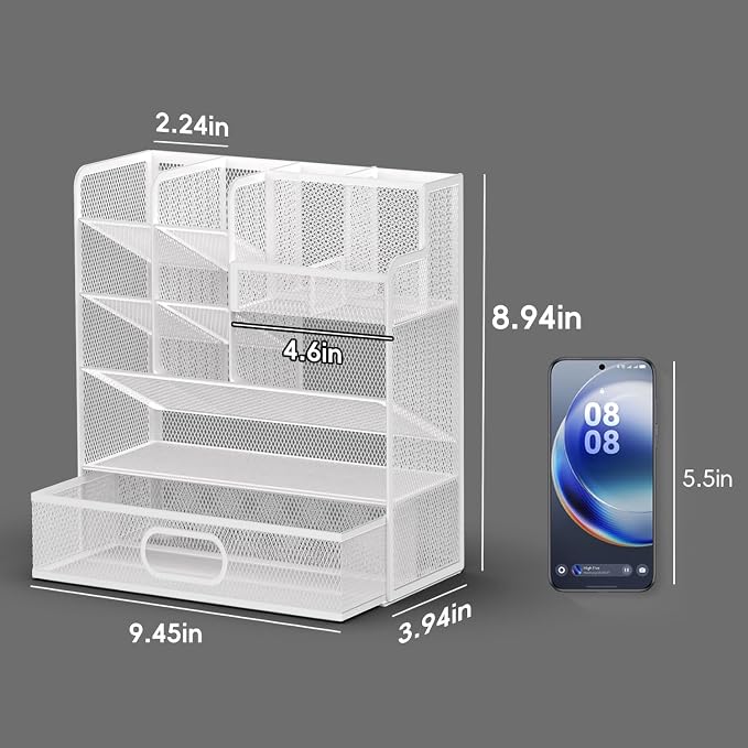 Mesh Pen Organizer for Desk, 13 Compartments with Drawer, White | Metal mesh pencil holder and desk organizer with tilted slots for easy access to stationery at home, school or office