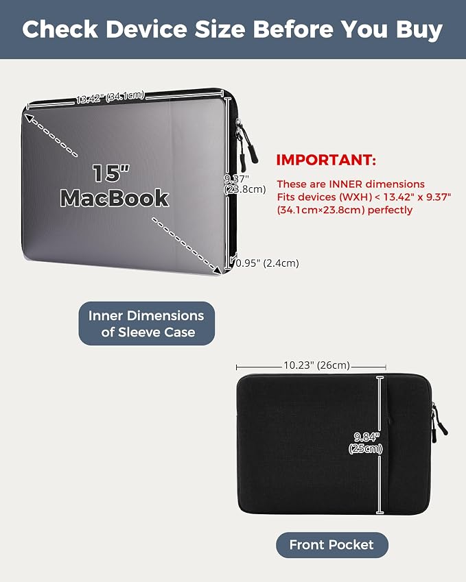 ProCase Laptop Sleeve 15" for MacBook Air/Pro 15 Inch M5/M4/M3/M2, Computer Case Also Compatible with 15" HP Dell ASUS Lenovo Acer Chromebook -Black