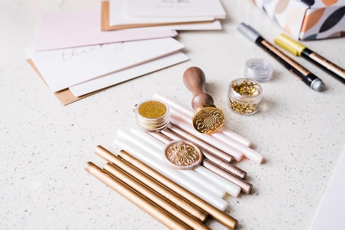 Hoppler Premium Wax Seal Kit with Seal Gun, Wax Sticks, a Flower Stamp, 12 Cavity Silicone Mold, and Extra Additions to Make Seals Stand Out and Make Invitations in Bulk. (Champane Gold)