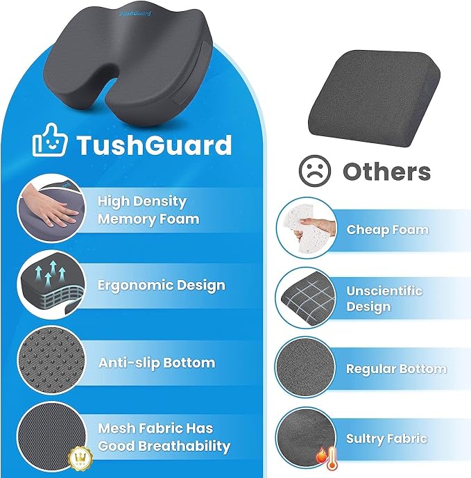 TushGuard Memory Foam Seat Cushion for Office Chair, Car Seat, Gray, XL | Office Chair Cushion for Car, Airplane - Chair Pad for Long Sitting Sciatica, Hip, Coccyx,Tailbone Pain Relief, Butt Pillow