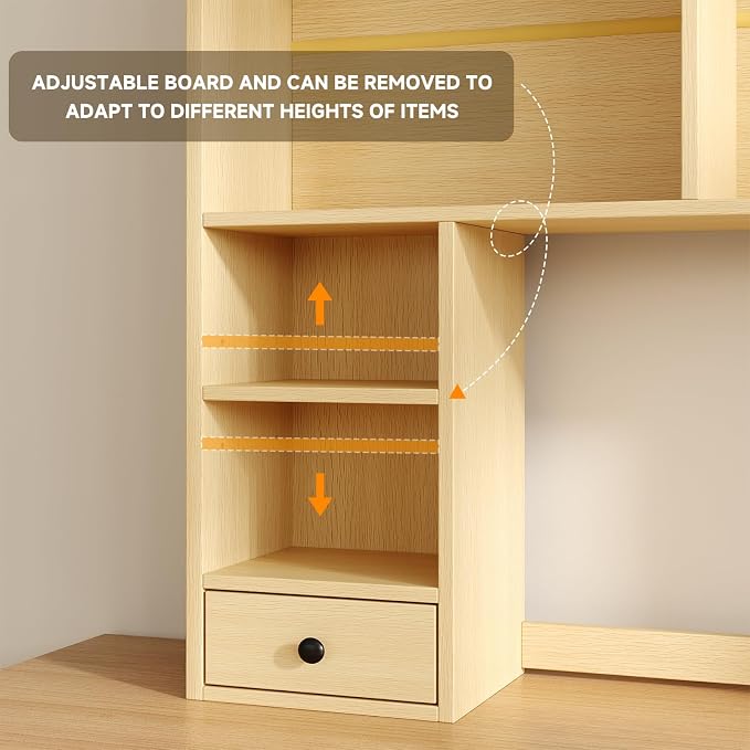 knoworld Desktop Bookshelf for 27" Monitor, Space-Saving Engineered Wood Desk Hutch Organizer with Adjustable Shelves & Drawer, Clutter-Free Tabletop Bookcase for Dorm & Home Office, Natural