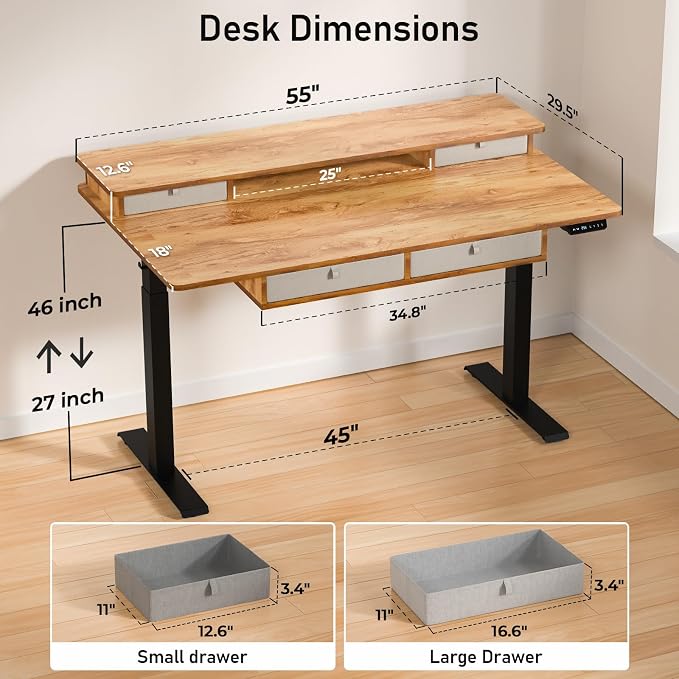 55 * 30 Inches Electric Standing Desk Adjustable Height with 4 Drawers, Double Storage Shelves Stand Up Desk, Home Office Workstation Sit Stand Desk (Light Rustic Brown)