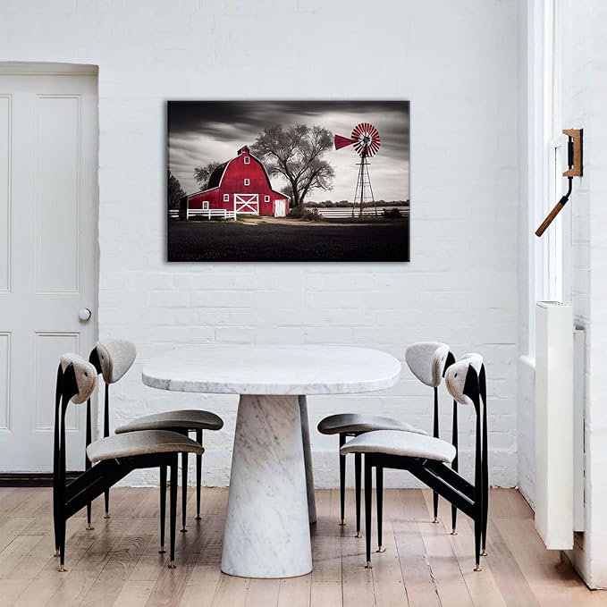 Country Wall Art Large Farmhouse Old Red Barn Canvas Picture Wood Artwork for Home Rustic Farm Scene Windmill Painting Bedroom Living Room Black and White Nature Country Landscape Wall Decor 24x36"