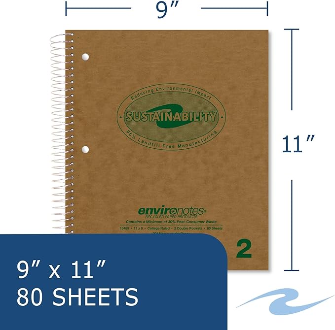 ROARING SPRING Environotes Recycled Spiral Notebook – 11" x 9", Two Subject, 80 Sheets, College Ruled Perforated Heavyweight 20 lb Paper, 2 Double Pocket, Made in USA