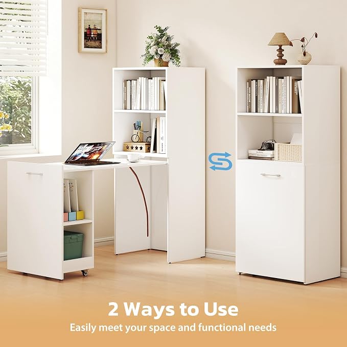 Zevemomo Folding Desk with Storage, Convertible Table with Shelves & Wheels, Craft Cabinet with Fold Out Table, Compact Computer Desk for Small Space, Reversible L Shaped Desk - White