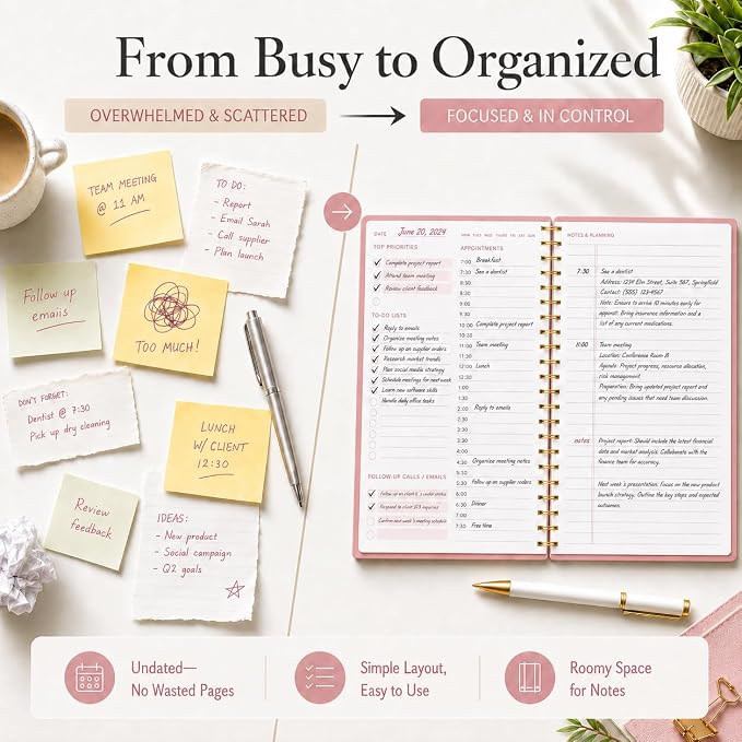 Daily Planner with Hourly Schedules - Undated To Do List Notebook, Spiral Bound, 5.5" x 8.5", Manage Your Tasks and Appointments, The Perfect Office Supplies for Women - Pink