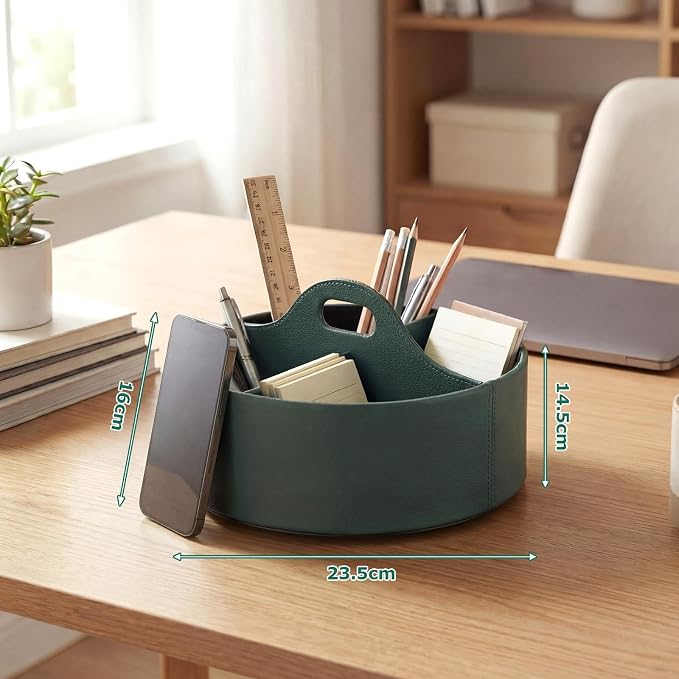 360° Rotating Leather Desk Storage Organizer with 6 Slots and Handle Extra-large Pen Holder Spinning Pencil Storage Lazy Susan Organizer Office Desk Supplies Marker, Art Supply(Green)