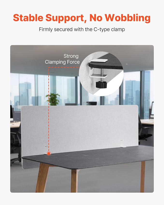 VEVOR Desk Divider Privacy Panel, 60" x 24" Clamp-on Office Desk Partition, PET Cubicle Partition Panel, Workstation Privacy Divider with 2 C-Type Clamps for Office, Sturdy Room, Library