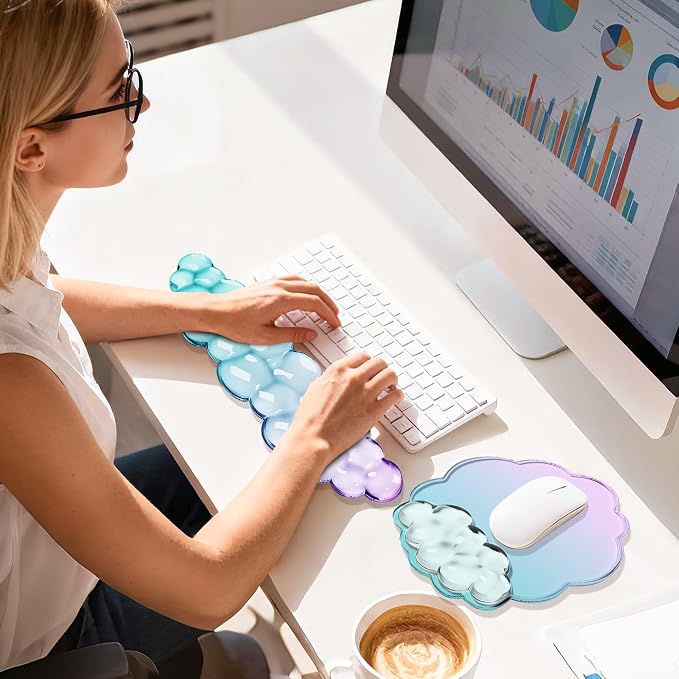 Cloud Wrist Rest Gel Set — Ergonomic Cloud Wrist Rest Keyboard and Mouse, Non-Slip Desk Accessories for Office and Home（Gradient Purple Cyan）