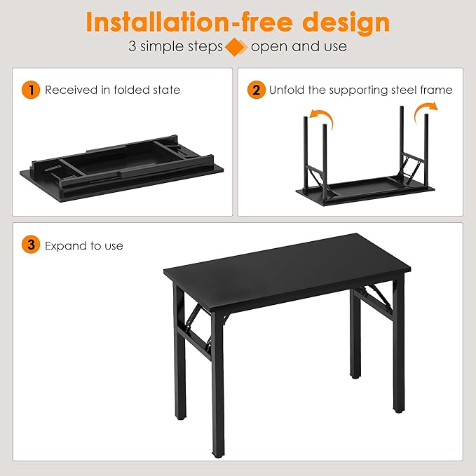 sogesfurniture 39.4 inches Foldable Computer Desk, No Assembly Small Collapsible Table Workstation for Home Office, Portable Folding Study Table Writing Gaming Desk for Small Spaces, Black