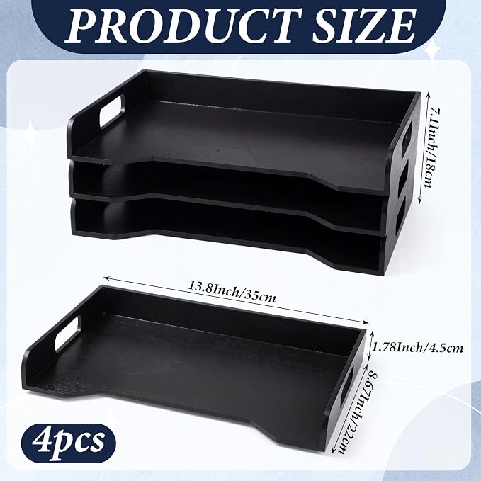 Wooden Stackable Paper Trays 4-tier Wooden Paper Organizer for Desk Letter Documents Woodens Desktop File Organizers for Desktop File Holder and Office Supplies Rack for Home Office Use (Black)