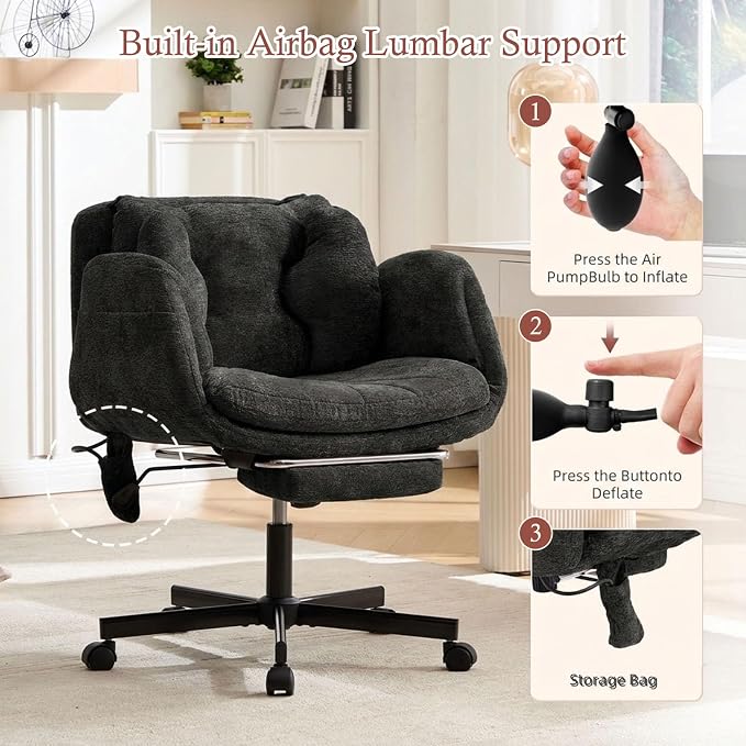 Criss Cross Office Chair with Footrest and 5-Gear Adjustable Arms, Black | Wide seat cross-legged desk chair, flip lumbar pillow, airbag support, linen fabric, for home office, vanity and meditation