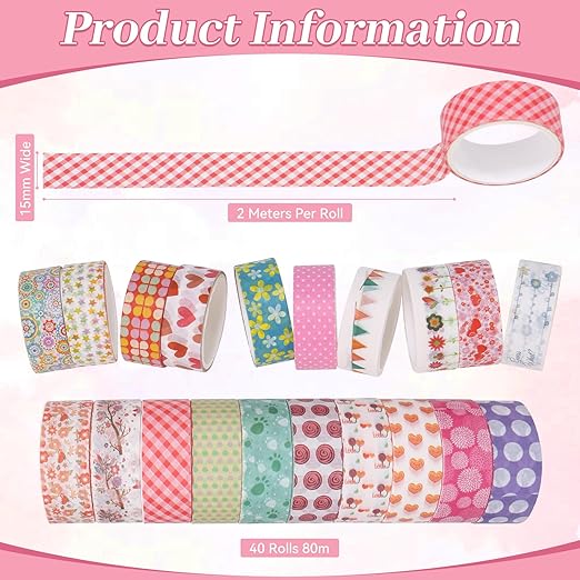 WEGAZ Washi Tape Set - 40 Rolls of 1.5cm Wide Decorative and Craft Tape for Scrapbooking and Bullet Journal Supplies