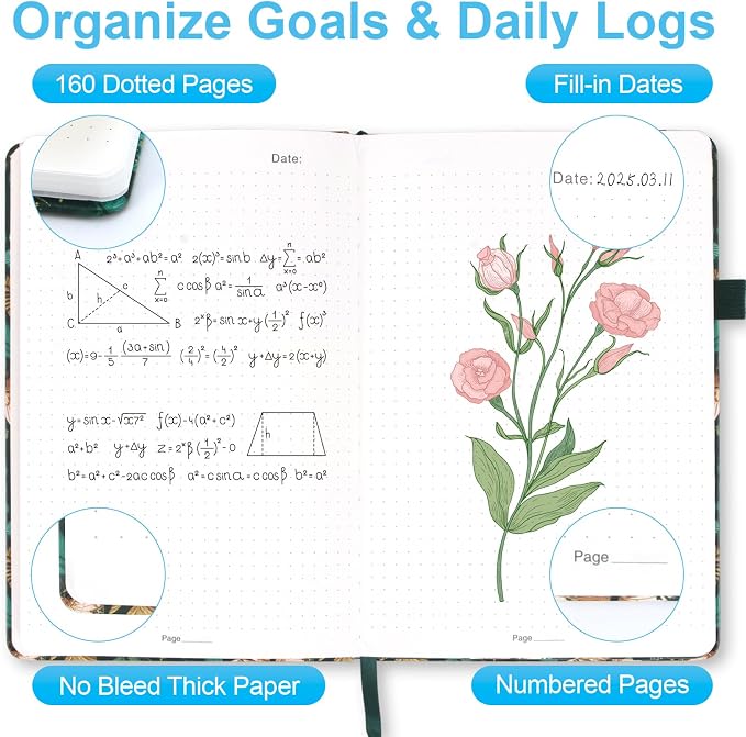 Dotted Journal Notebook A5, Dot Grid Bullet Journal for Women, 160 Pages with 100gsm Thick Paper for Journaling, Planning, Habit Tracking & Notes, Gift for Women, Green Butterfly