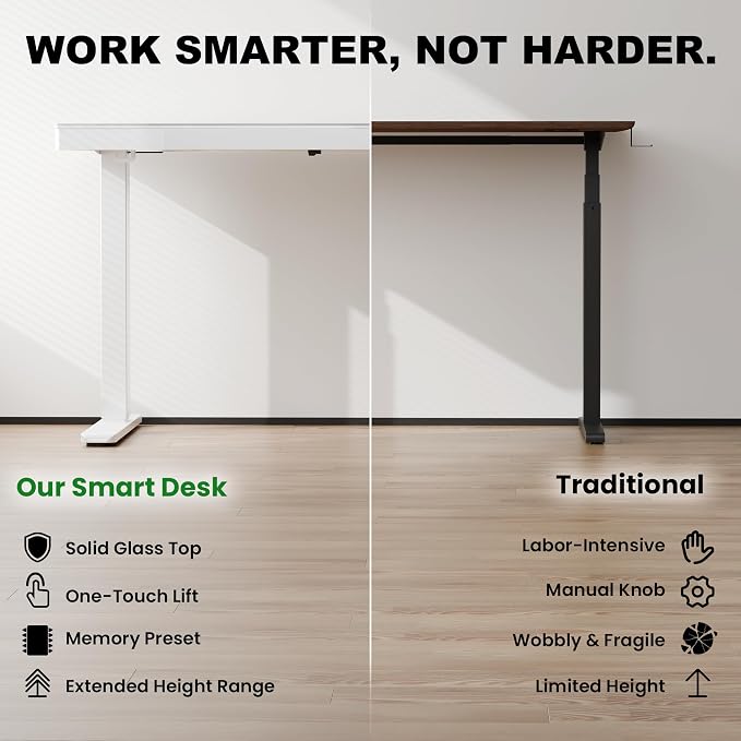 Realbear Glass Standing Desk with Drawer, Electric Standing Desk, Height Adjustable Desk with One-Piece Tabletop & USB Charging Ports