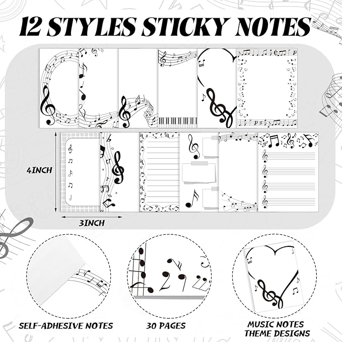 12 Pcs Music Sticky Notes Musical Note Pads Funny Memo for Music Teacher Appreciation Gifts Party Favor Musical Message Reminder Christmas Small Supplies Home Office