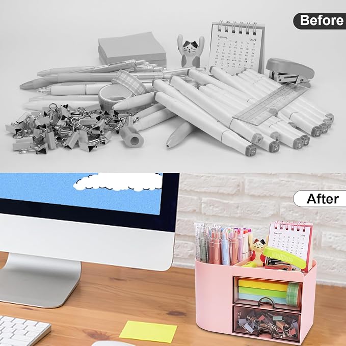 Meiikun Desk Organizer with Drawer, Pen Organizer for Desk, Small Pencil Holder, Desk Organizers and Accessories for Office Home Storage (2 Drawers+4 Compartments, Pink)