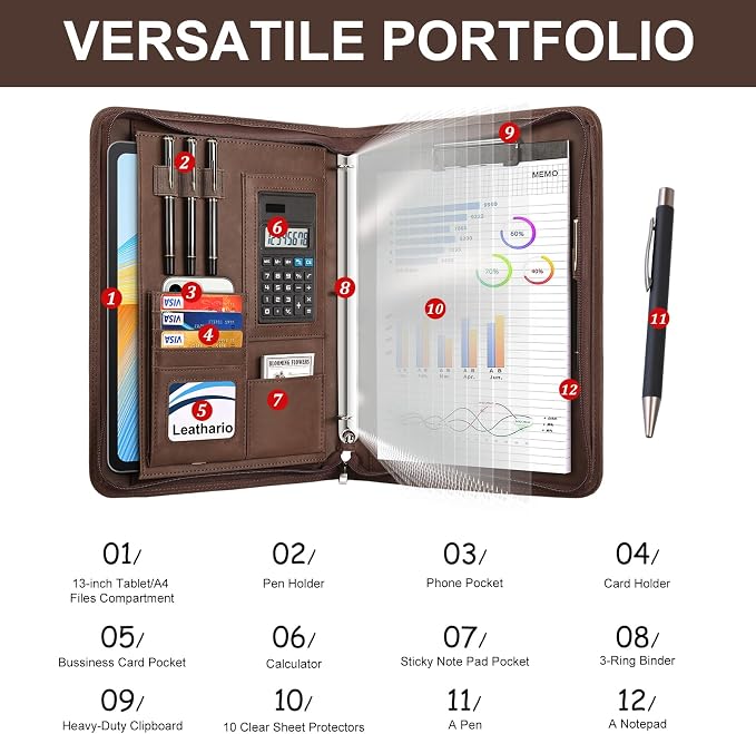 Leathario Portfolio Binder, 3-Ring Folder Organizer, Includes 10 Sheet Protectors and a Pen, Vegan Leather A4 Padfolio for Tablets, Business Conferences Professional Document Organizer