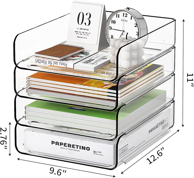 FANXIYQ 4-Tier Acrylic Paper Tray Organizer, Clear Stackable Desk File Organizer for Documents, Files, Letters, A4 Paper, Books, Notes, Mail & Paper Storage, Office Classroom Home