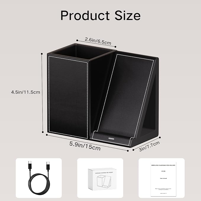 LADSTAG Pen Organizer with Phone Stand,Black Vegan Leather Desk Organizers with Remote Control Holder,Pencil Holder for Desk,Desk Organizer with Phone Charger for Office/Nightstand/Endtable