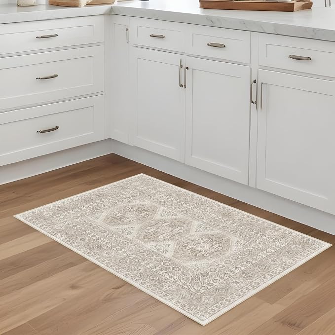 Washable Area Rug Non Slip - 2x3 Small Kitchen Boho Rug Vintage Entryway Low Pile Carpet for Doormat Beige (Beige, 2x3)