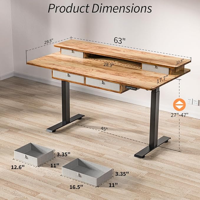Kingant Electric Standing Desk with 4 Drawers,USB Charging Ports 63"x 30" | Ergonomic Height Adjustable Large Workstation, Heavy-Duty Sit Stand Up Desk For Home Office Daily Work,Light Rustic Brown