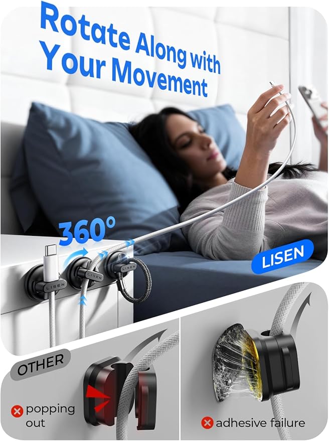 12-Pack Rotatable Cord Holder for Nightstand, LISEN 360°Rotating Magnetic Clips, No-Residue Strong Adhesive Cord Organizer for Desk, Phone Cord Holder for Home, Car, Office Desk Accessories