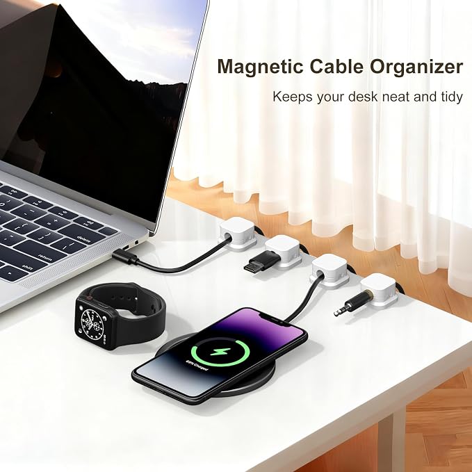 6 Pack Magnetic Cable Clips, Cord Organizer Holder with Strong Adhesive, Desk Cable Management for Home Office Car Desktop Nightstand, Adjustable Wire Keeper, White