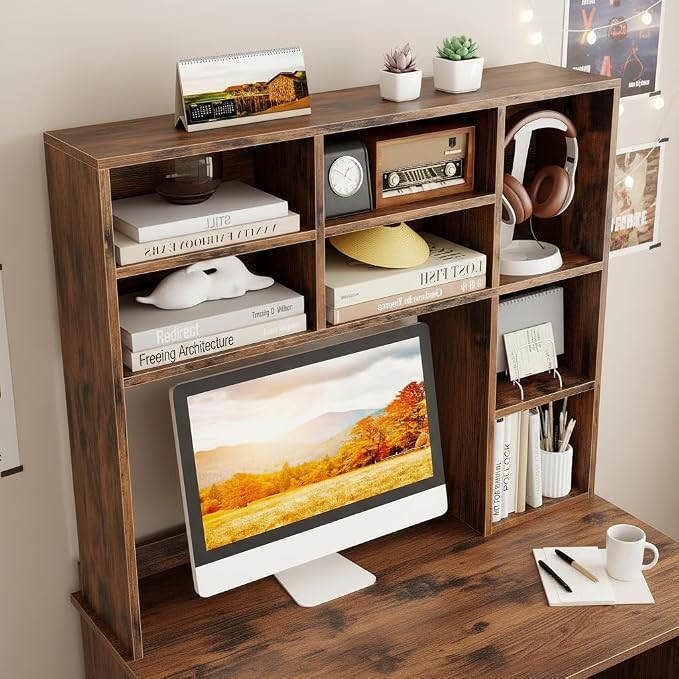 Tangkula Desktop Bookshelf, 37" Countertop Storage Hutch with 7 Cubes & 3 Adjustable Shelves, 3-Tier Desk Display Rack Organizer, Multipurpose Wood Desktop Hutch for Dorm Home Office (Rustic Brown)