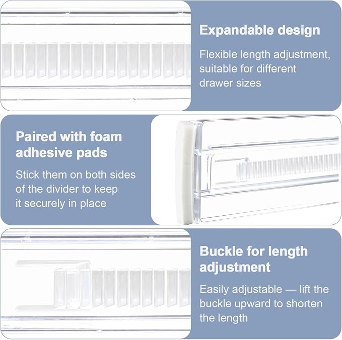 6 Pack Adjustable Drawer Dividers(11.34-19.88") 3.15" Expandable Clear Drawer Dividers for Kitchen, Bedroom & Office Dresser Drawer Organizers for Clothes, Utensils and Baby Nursery Storage