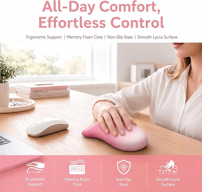 Pink Mouse Wrist Rest, Ergonomic Memory Foam Wrist Support | Non-slip base and soft memory foam provide lasting comfort for work, study, gaming, and everyday computer use.