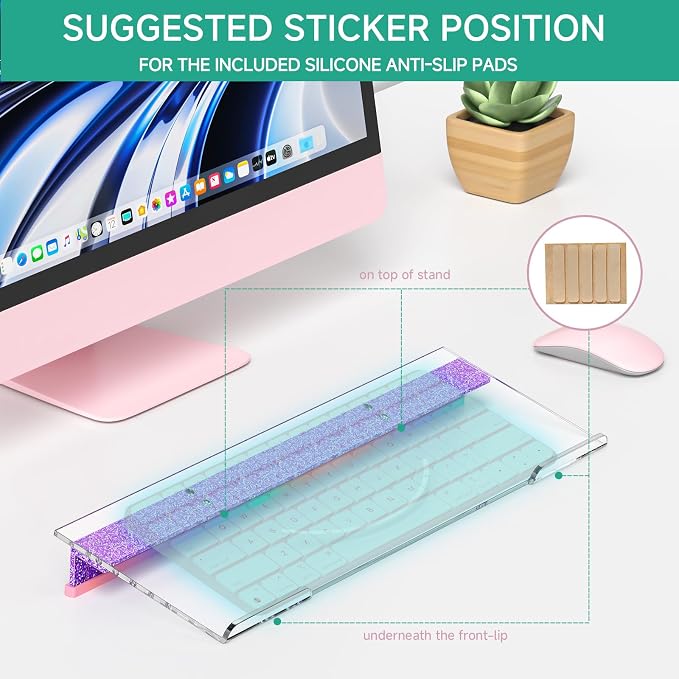 Ergonomic Computer Keyboard Stand - Adjustable Keyboard Riser Tilt Clear and Glitter Purple Acrylic Keyboard Tray Non-Slip Elevated Typing Key Board Holder Lift for Home Office Desk Accessories