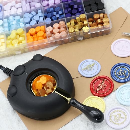Wax Seal Stemp Kit with 24 Colors Wax Seal Beads 624pcs, Electric WaxSeal Warmer, Been Thank You WaxSeal Stamp, SealingWax Spoon, WaxSealPen, Tweezer,WaxSealStamp kit (24A)
