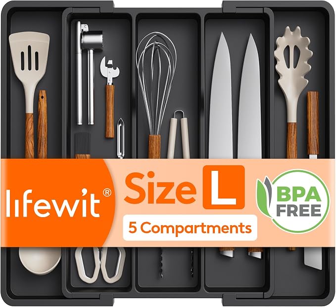 Lifewit Utensil Organizer, Adjustable Kitchen Drawer Organizer, Expandable Cooking Utensil and Cutlery Tray, Plastic Divider Holder Black 11.4-19.8" x 14.5"