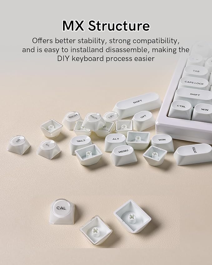 PBT Keycaps, MOA Profile White Jelly Keycaps, 129 Keys Cute Custom Key caps for MX Switches Mechanical Keyboard, Compatible with 60%, 65%, 75%, 96%, Full-Sized Layout