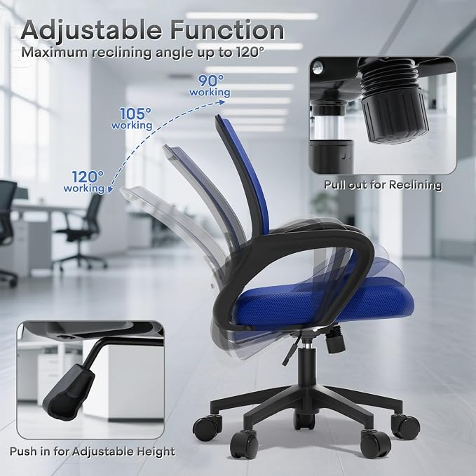 Ergonomic Mesh Office Chair, Heavy Duty 330 Lb Capacity 24 Pack, Blue | Mid-Back Desk Chair, Rolling Wheel, Breathable Mesh Backrest & Lumbar Support, Adjustable Height, Sponge Seat for Home Office