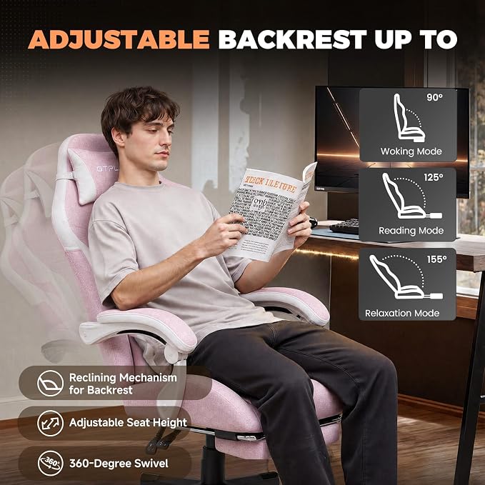 GTPLAYER Gaming Chair with Footrest, Ergonomic Office Chair 400lbs Heavy Duty, Big and Tall Computer Desk Chair with Lumbar Support and Headrest, Breathable Linen Fabric, 90-155° Recline Pink