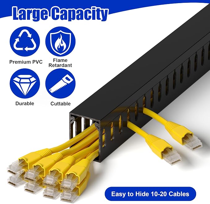 1.6"H x 1.2"W Cable Raceway, 6ft Under Desk Wire Management Channel, Black | Slotted Wire Duct, 2 Pack (3 ft Each), Heavy-Duty PVC Cable Management for Server Racks, Network Cables & Electrical Cabinets