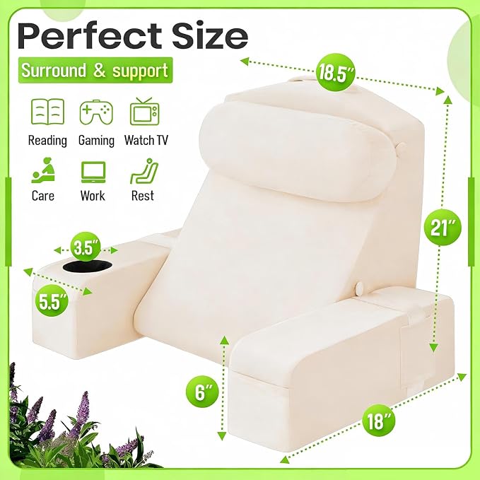 Reading Pillow for Adults, Back Pillow for Bed Sitting Up, Backrest Pillow for Sitting in Bed, Detachable Arms with Built-in Cup & Phone Caddy (Beige, 21 INCH)